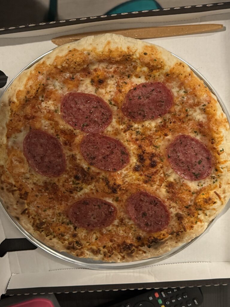 fertig gebackene Salamipizza